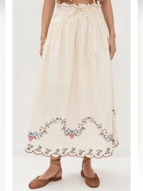 Moon River Cream Maxi Skirt with Floral Embroidered Scalloped Hem